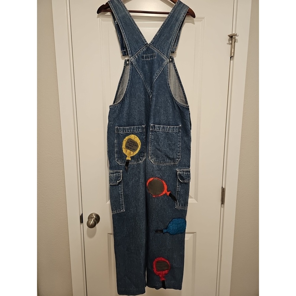 Vintage Sasson Denim Overalls Women's Medium Blue Custom Patches Cropped BOHO - Picture 2 of 13